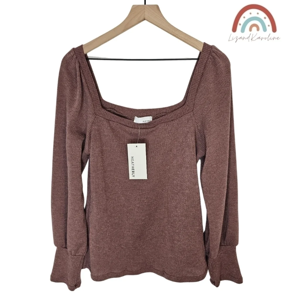 New! Heatherly Ribbed Knit Square Neck Sweater Top - Picture 2 of 11